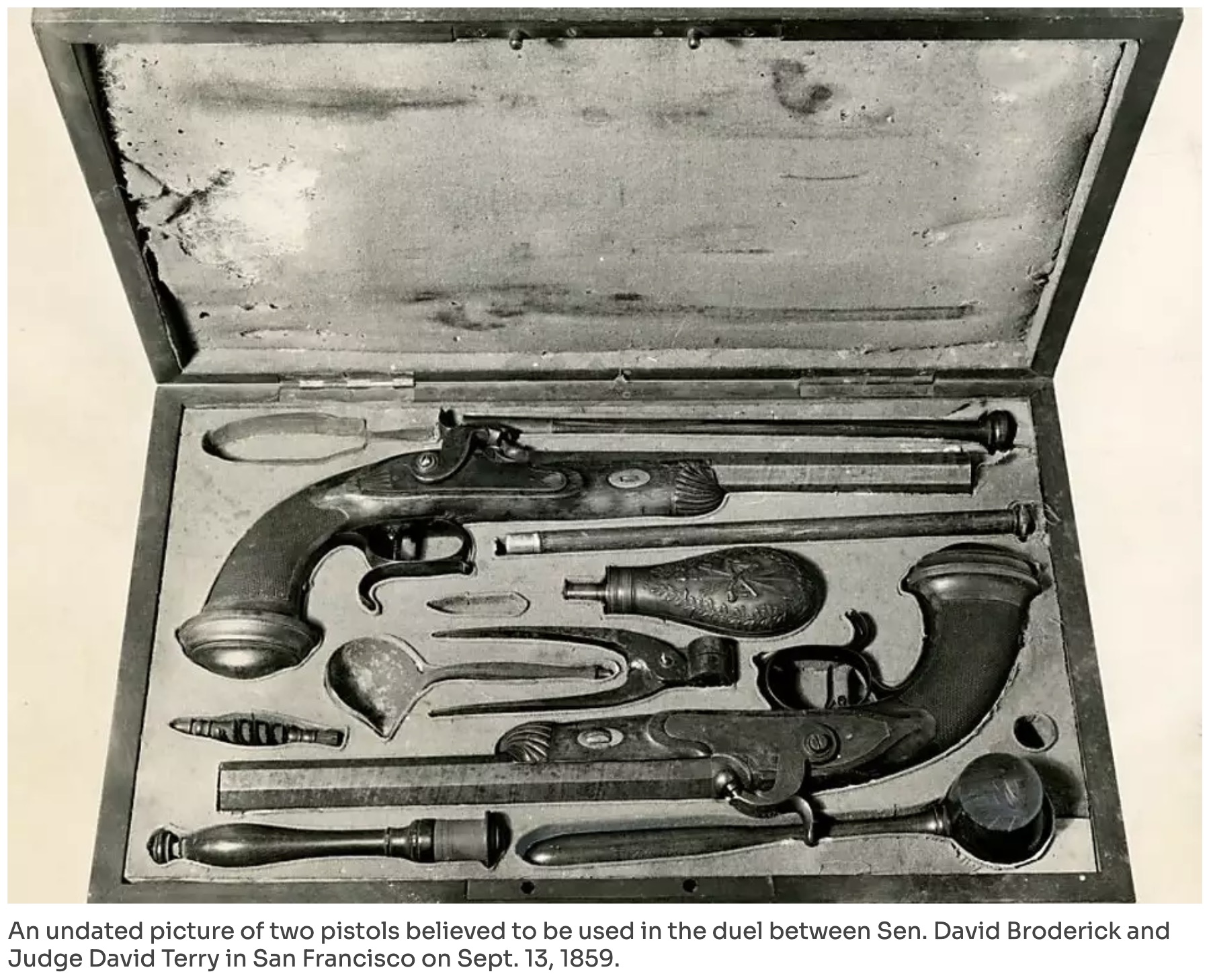 broderick terry duel - An undated picture of two pistols believed to be used in the duel between Sen. David Broderick and Judge David Terry in San Francisco on Sept. 13, 1859.